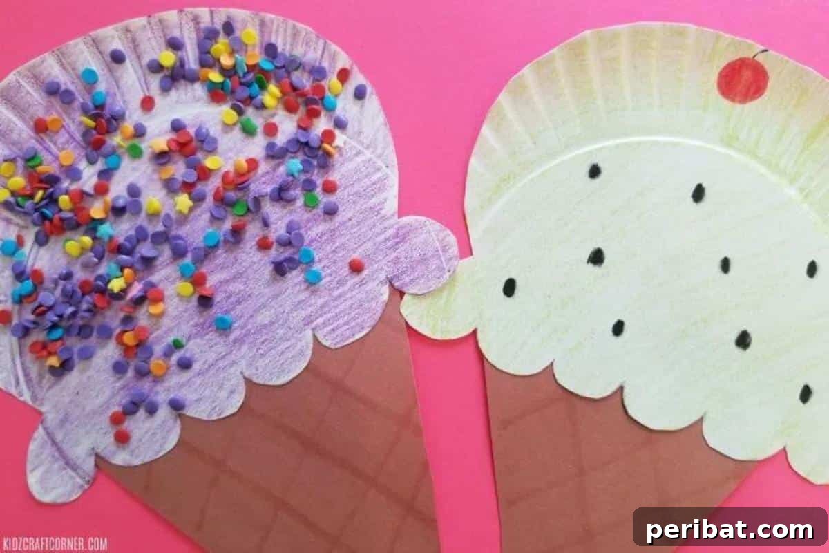 22 Creative Ice Cream Cone Projects for Summer Fun 10 A simple yet creative ice cream cone craft designed for preschoolers, showing a paper cone with a fluffy, colorful 'scoop' made from cotton balls or crumpled paper, decorated with child-friendly embellishments.