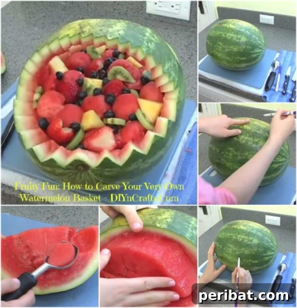 39 Juicy Watermelon Craft Ideas 3 Expertly carved watermelon basket, showcasing intricate details and a vibrant fruit centerpiece perfect for summer events.