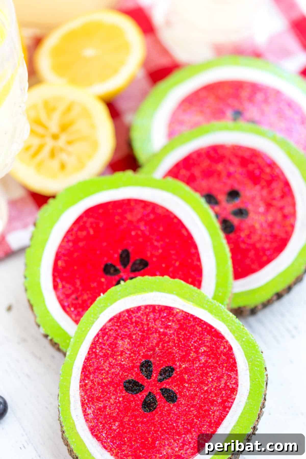 39 Juicy Watermelon Craft Ideas 27 Set of vibrant DIY watermelon coasters, perfect for protecting surfaces and adding summer flair to a table.