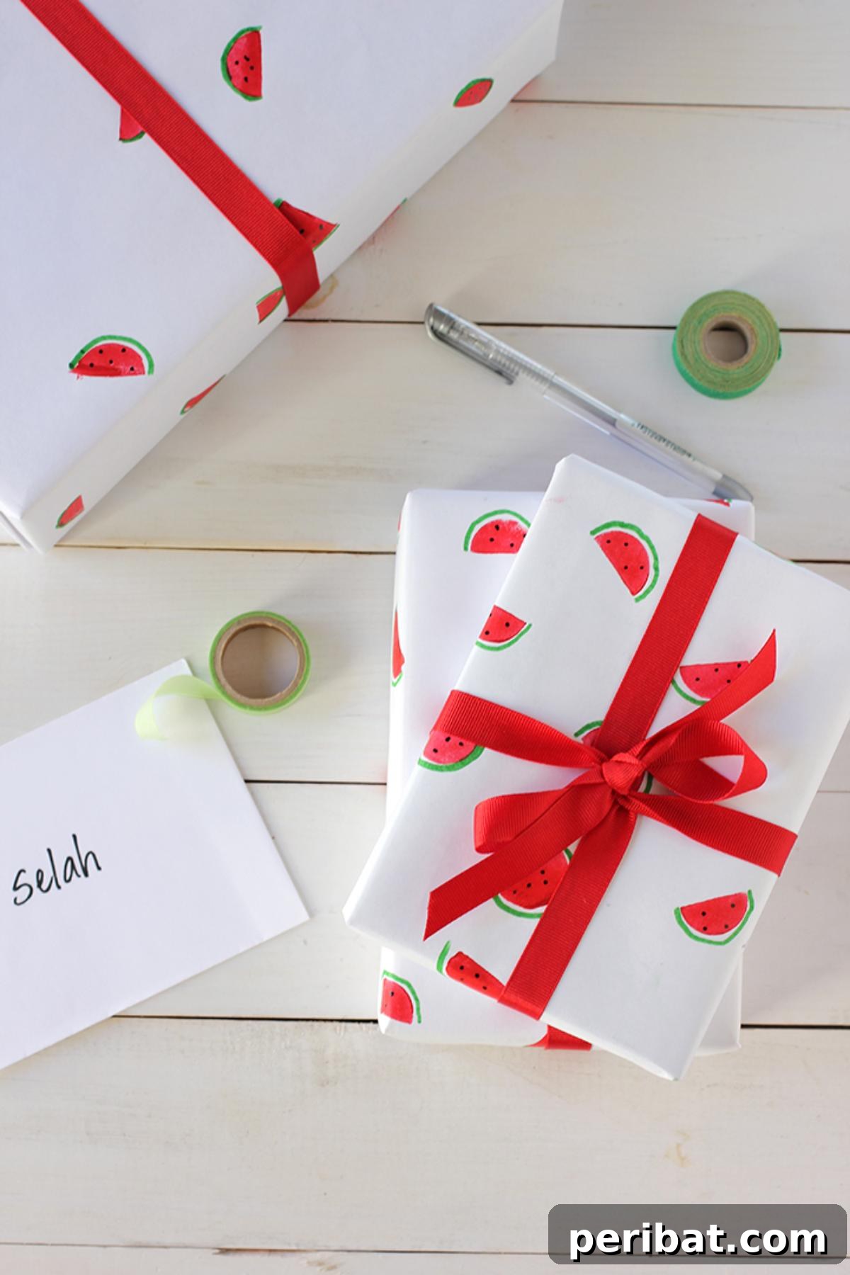 39 Juicy Watermelon Craft Ideas 34 Custom DIY watermelon wrapping paper, adding a fresh and vibrant touch to gifts.