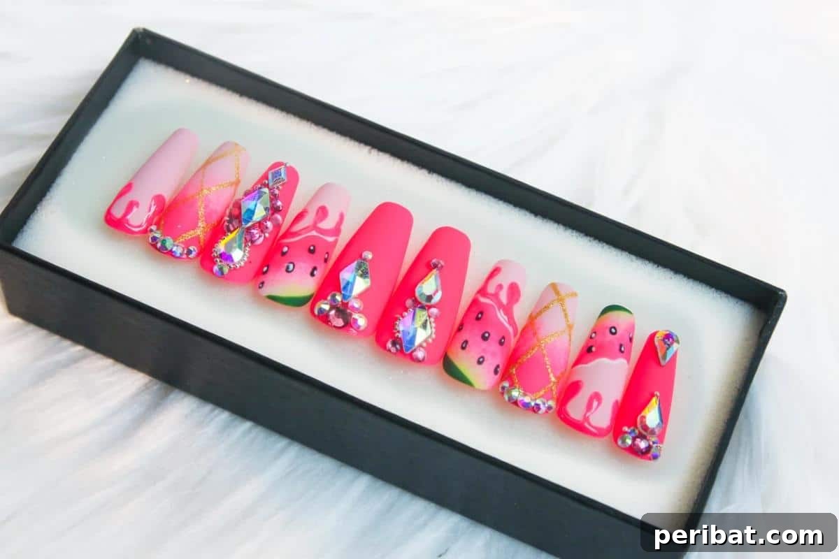 39 Juicy Watermelon Craft Ideas 38 Fashionable watermelon press-on nails, showcasing a trendy and vibrant manicure perfect for summer.
