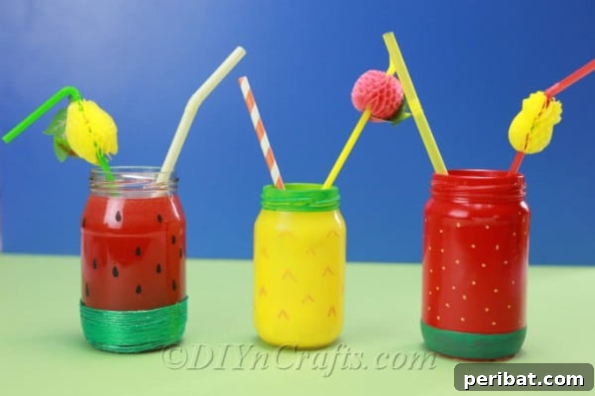 39 Juicy Watermelon Craft Ideas 5 Collection of summery painted fruit drinking jars, featuring watermelon designs, ideal for refreshing beverages.