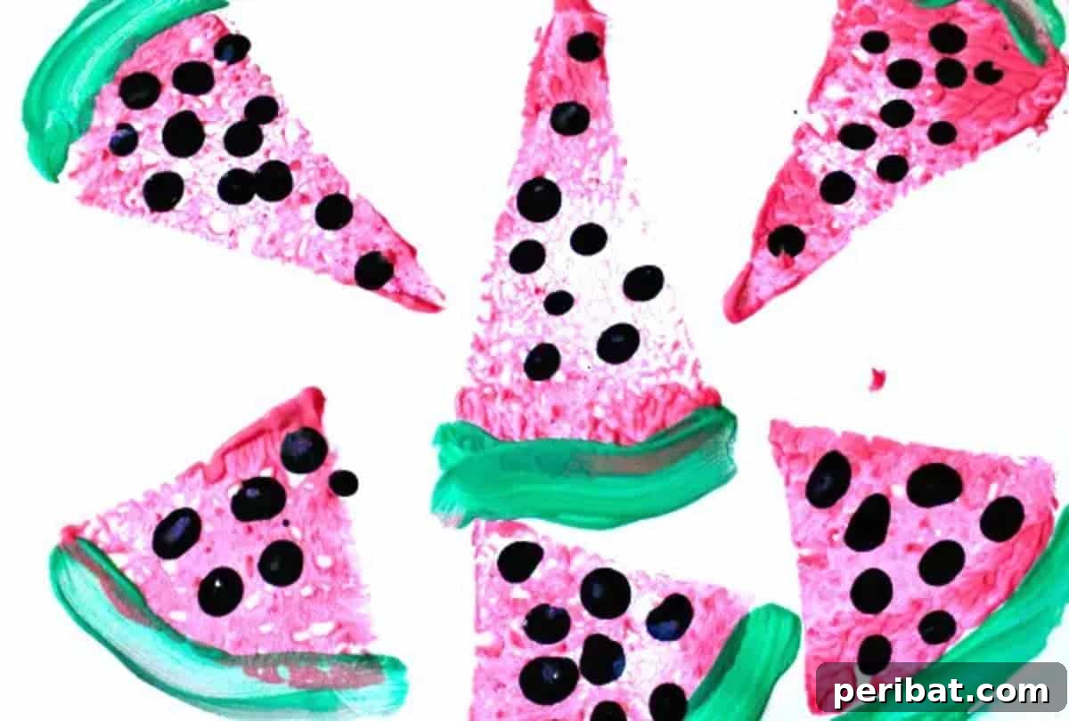 39 Juicy Watermelon Craft Ideas 9 Kids engaging in watermelon sponge painting, creating colorful and textured art pieces.
