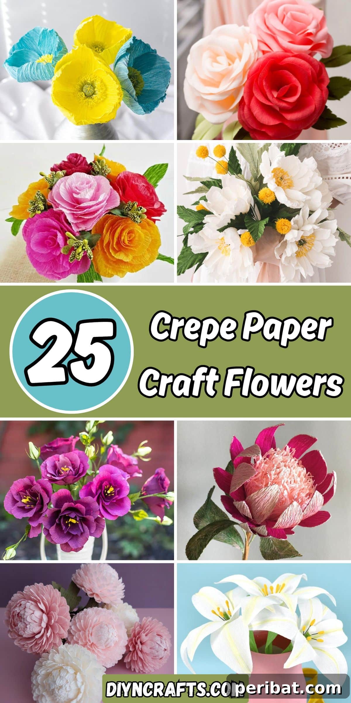 Master the Art of Crepe Paper Flowers: 25 DIY Projects 2 A vibrant collage showcasing 25 stunning crepe paper craft flowers, including roses, peonies, and chrysanthemums, with ideas, patterns, and tutorials.