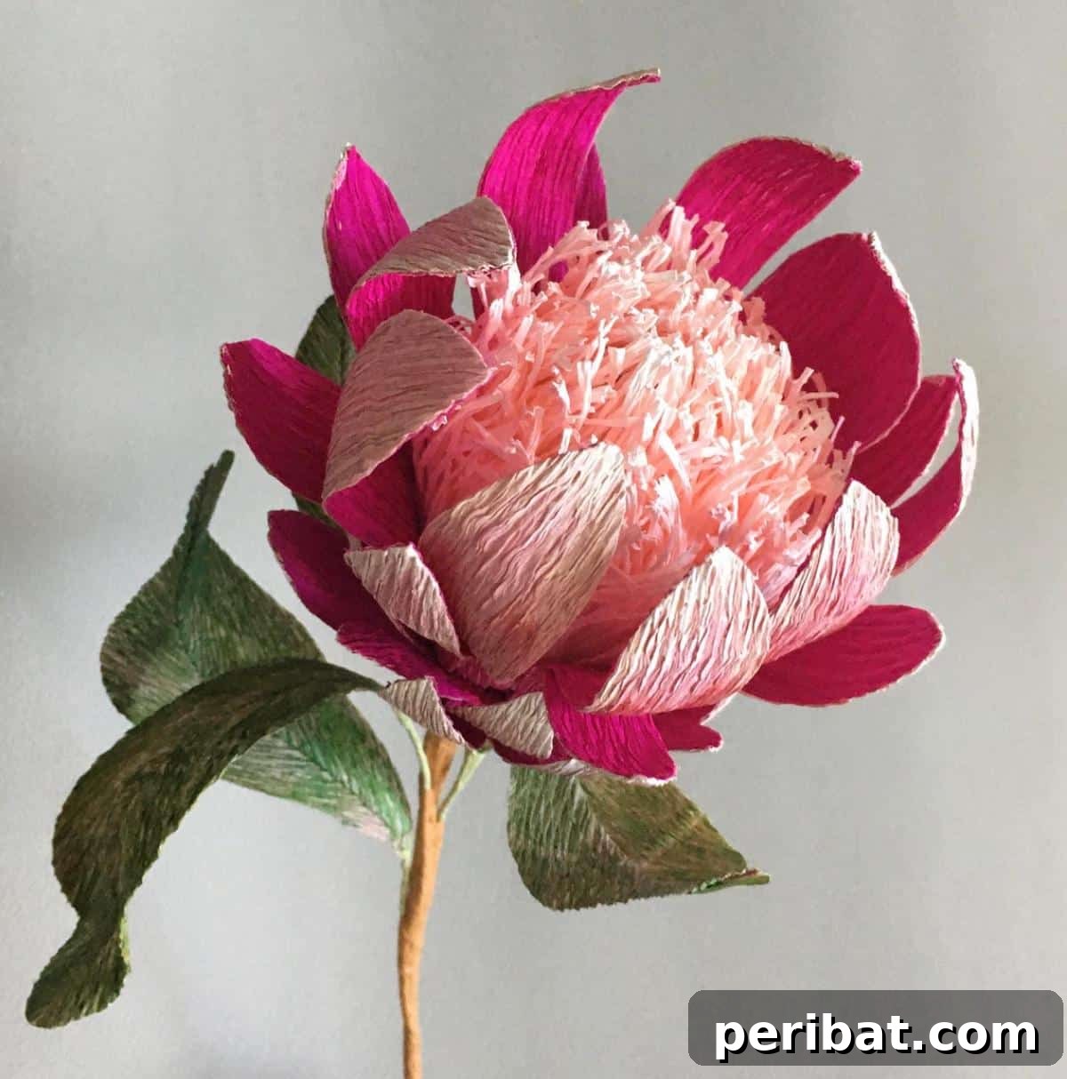 Master the Art of Crepe Paper Flowers: 25 DIY Projects 27 Striking Crepe Paper Protea, a handmade flower with tutorial and templates, symbolizing courage.