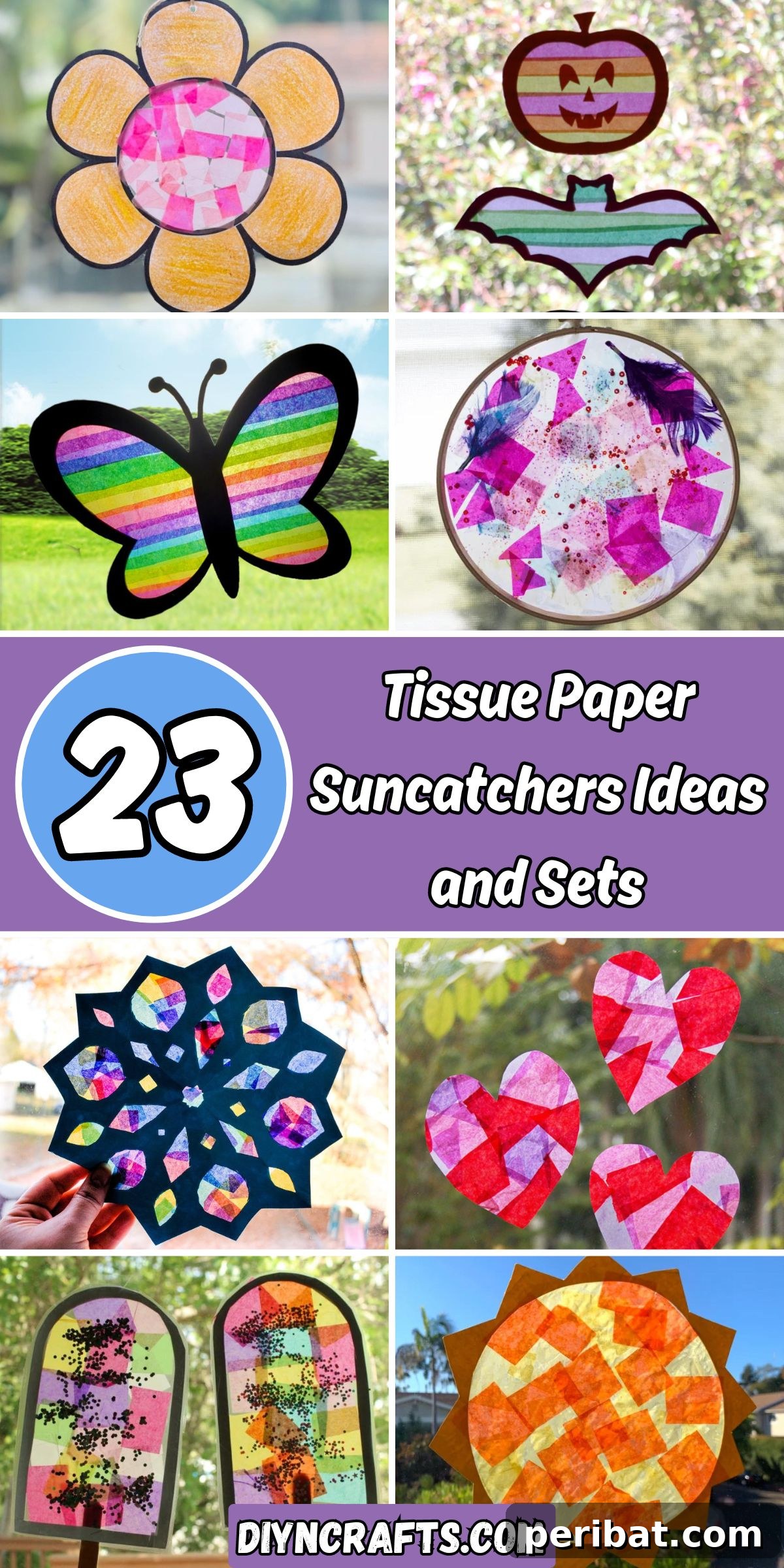 23 Vibrant DIY Tissue Paper Suncatcher Projects 2 A vibrant collage showcasing 23 different tissue paper suncatcher ideas, including hearts, butterflies, Halloween pumpkins, Easter eggs, and abstract designs.