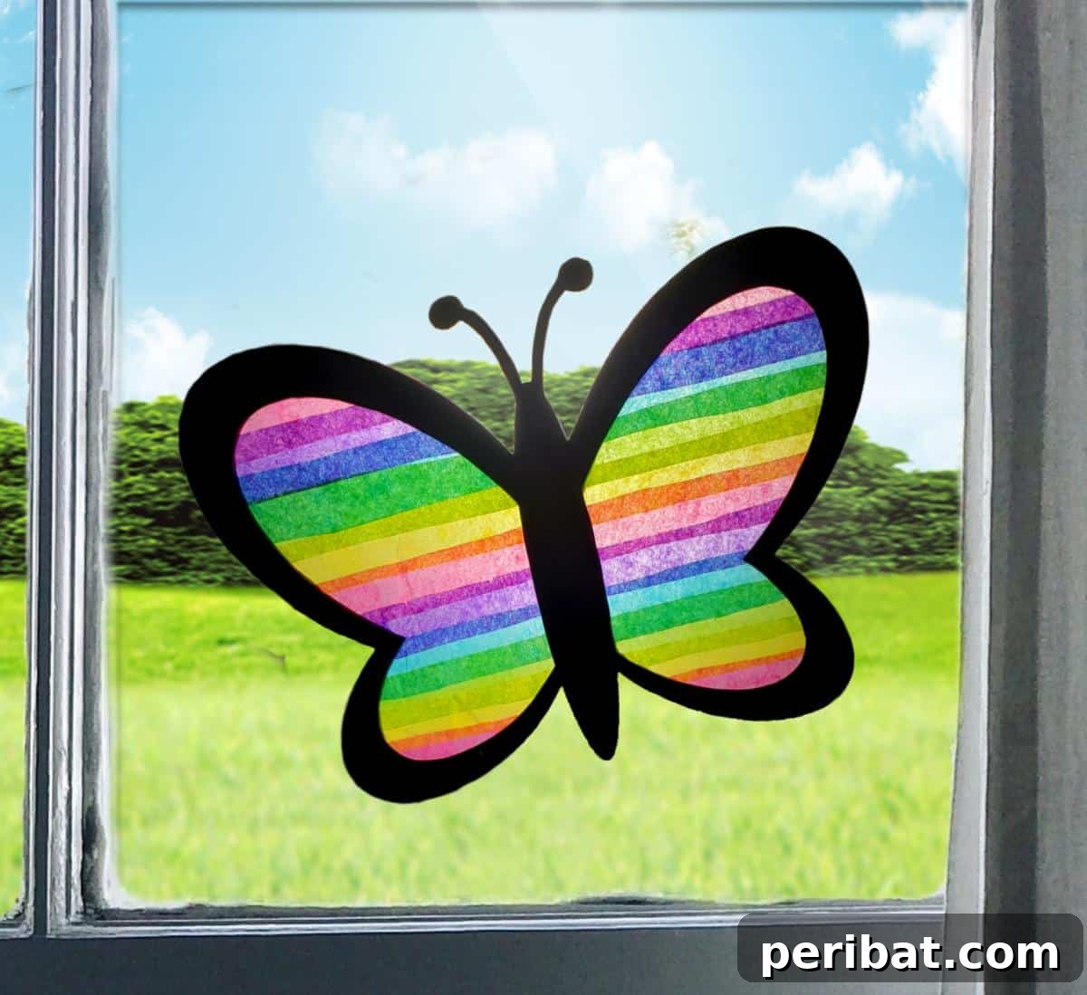 23 Vibrant DIY Tissue Paper Suncatcher Projects 13 A colorful butterfly suncatcher made with various shades of tissue paper, highlighting its wings.