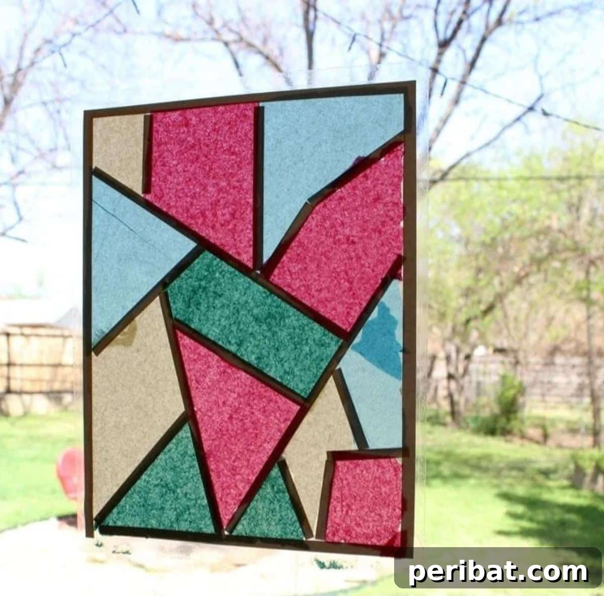 23 Vibrant DIY Tissue Paper Suncatcher Projects 20 A square tissue paper stained glass suncatcher with geometric patterns in vibrant colors.