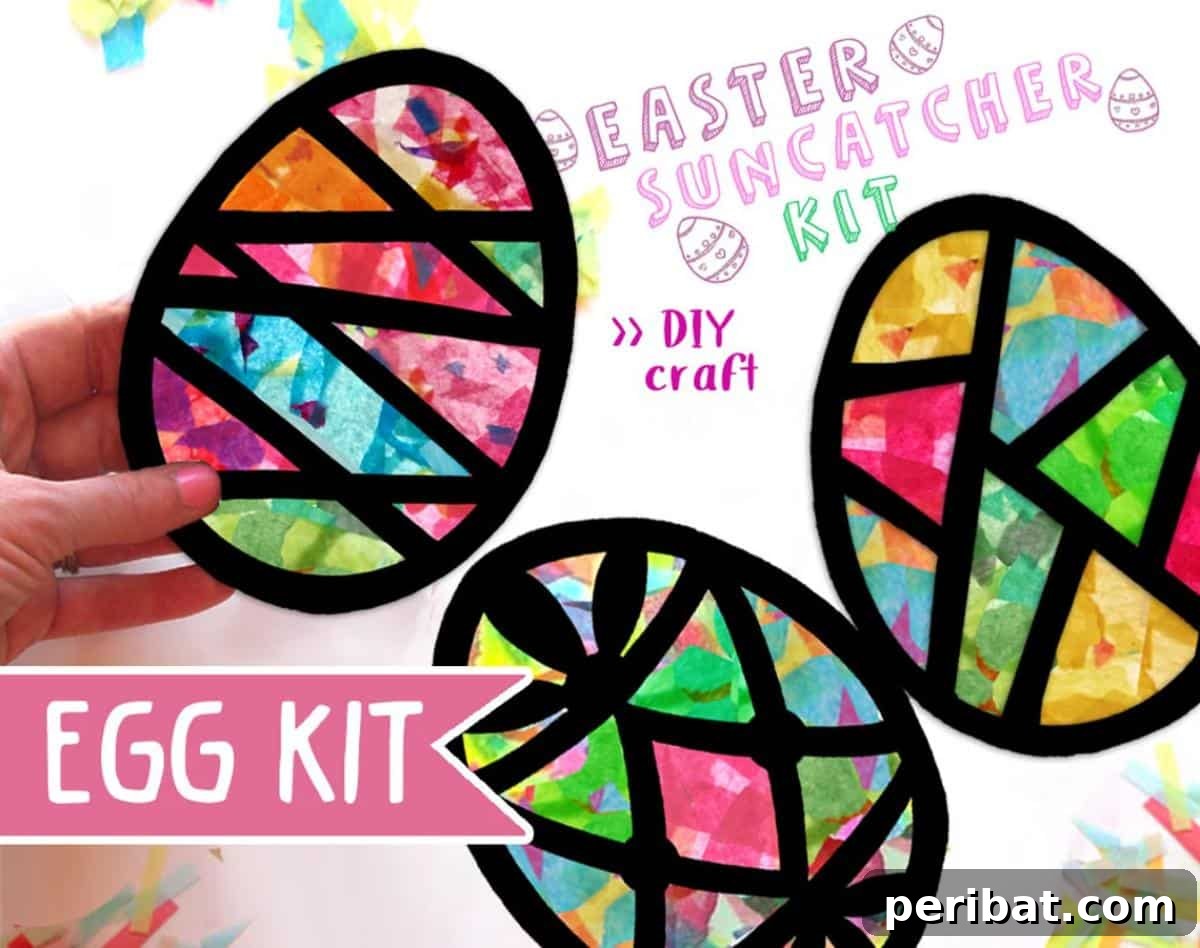 23 Vibrant DIY Tissue Paper Suncatcher Projects 21 Two Easter egg-shaped stained glass suncatchers with intricate tissue paper designs.