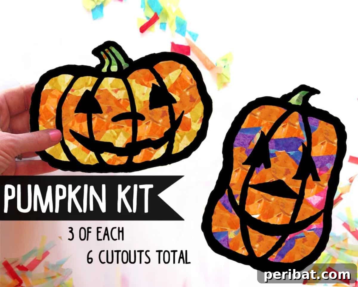 23 Vibrant DIY Tissue Paper Suncatcher Projects 23 A Halloween pumpkin suncatcher kit featuring a black outline and colorful tissue paper pieces.