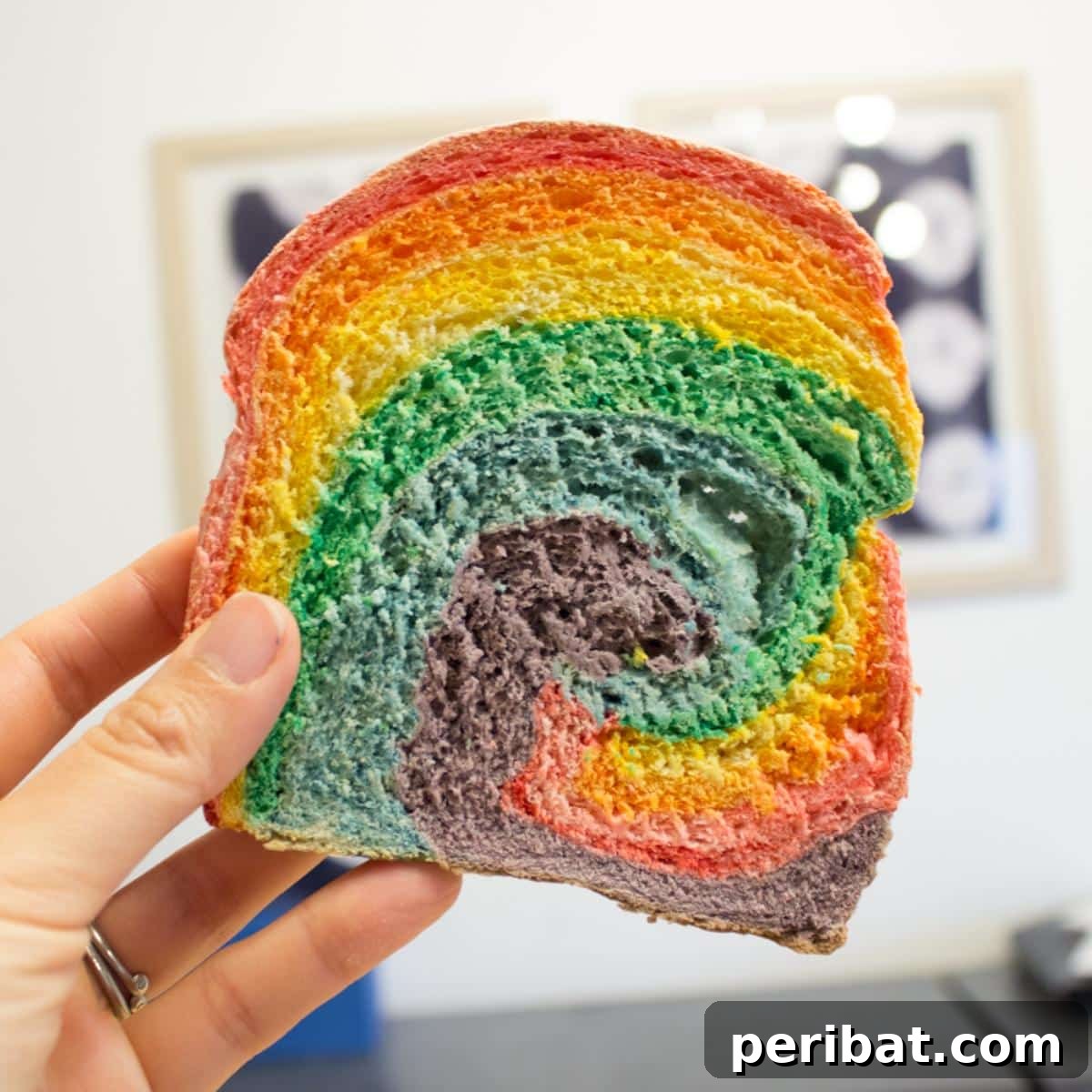 40 Brilliant Rainbow Craft Projects 13 A thick slice of homemade rainbow bread revealing vibrant colored layers