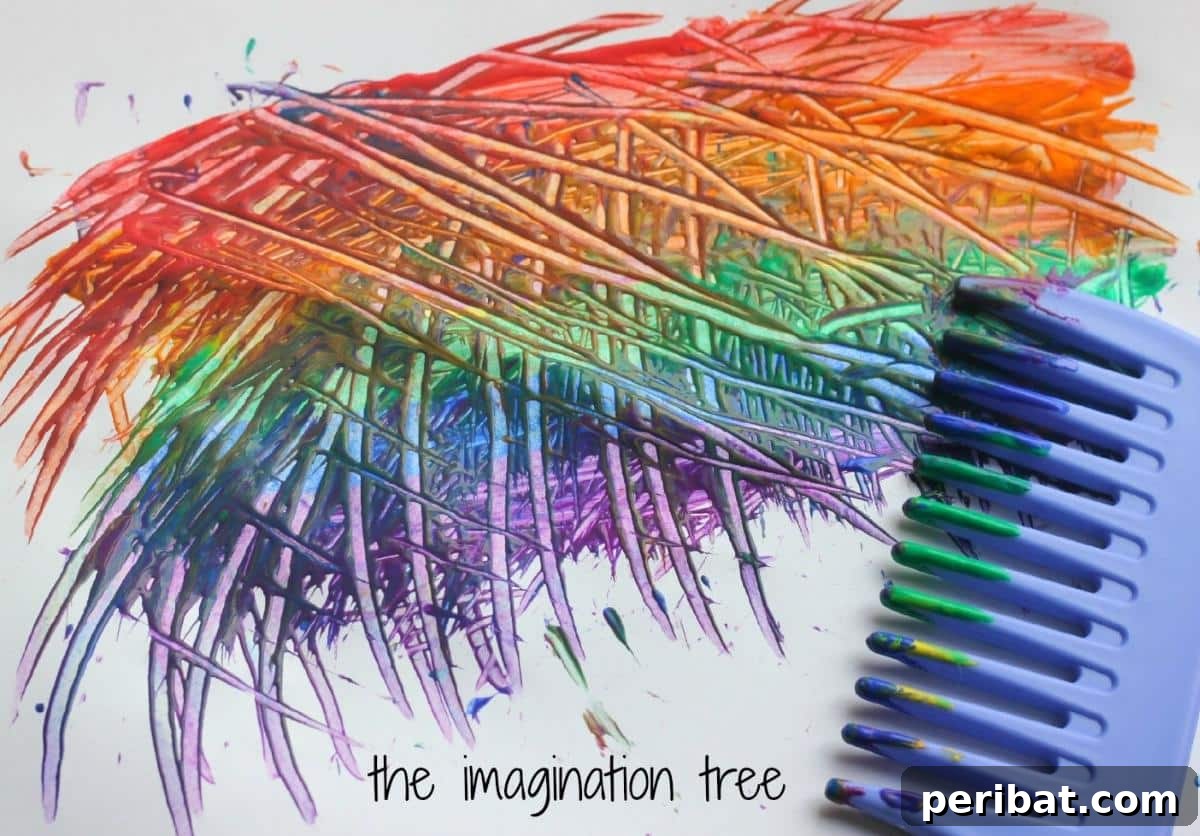 40 Brilliant Rainbow Craft Projects 14 Abstract rainbow comb painting with textured colorful stripes