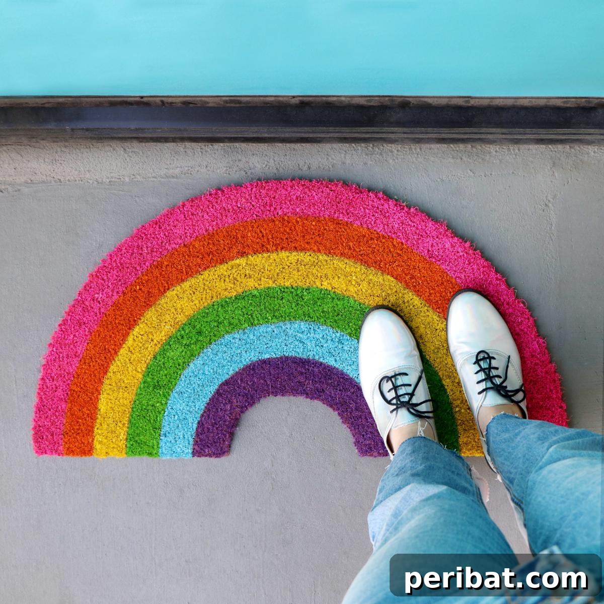 40 Brilliant Rainbow Craft Projects 19 A colorful DIY rainbow doormat with bold stripes at a home entrance