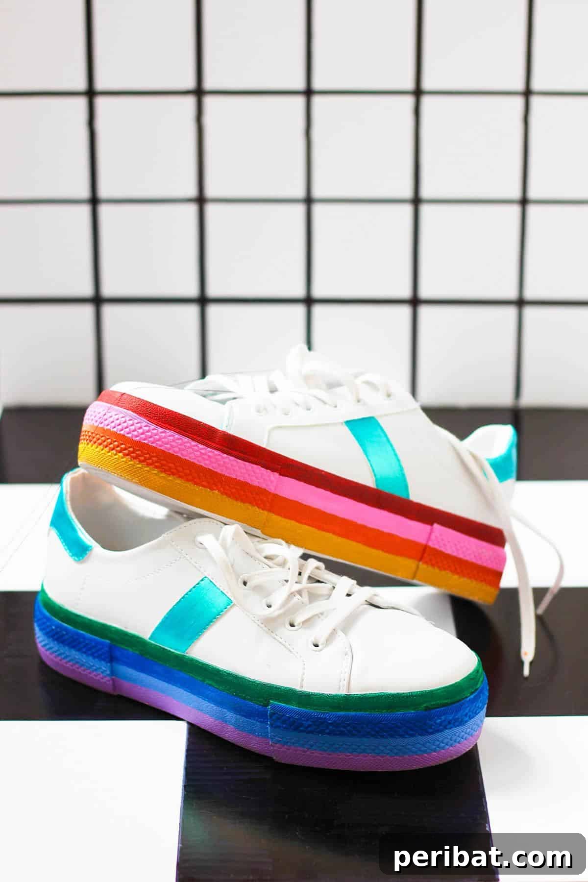40 Brilliant Rainbow Craft Projects 21 Close-up of DIY rainbow platform sneakers with vibrant striped soles