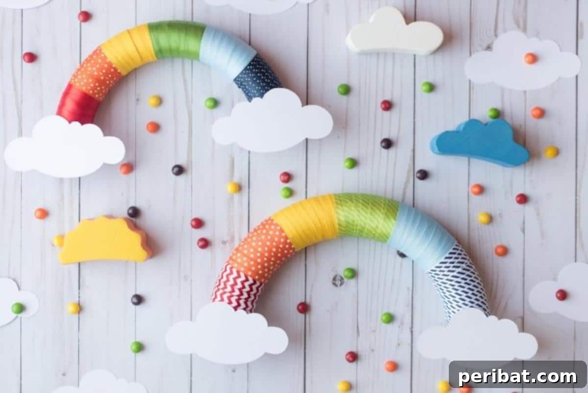 40 Brilliant Rainbow Craft Projects 25 A festive DIY rainbow ribbon wreath hanging on a front door