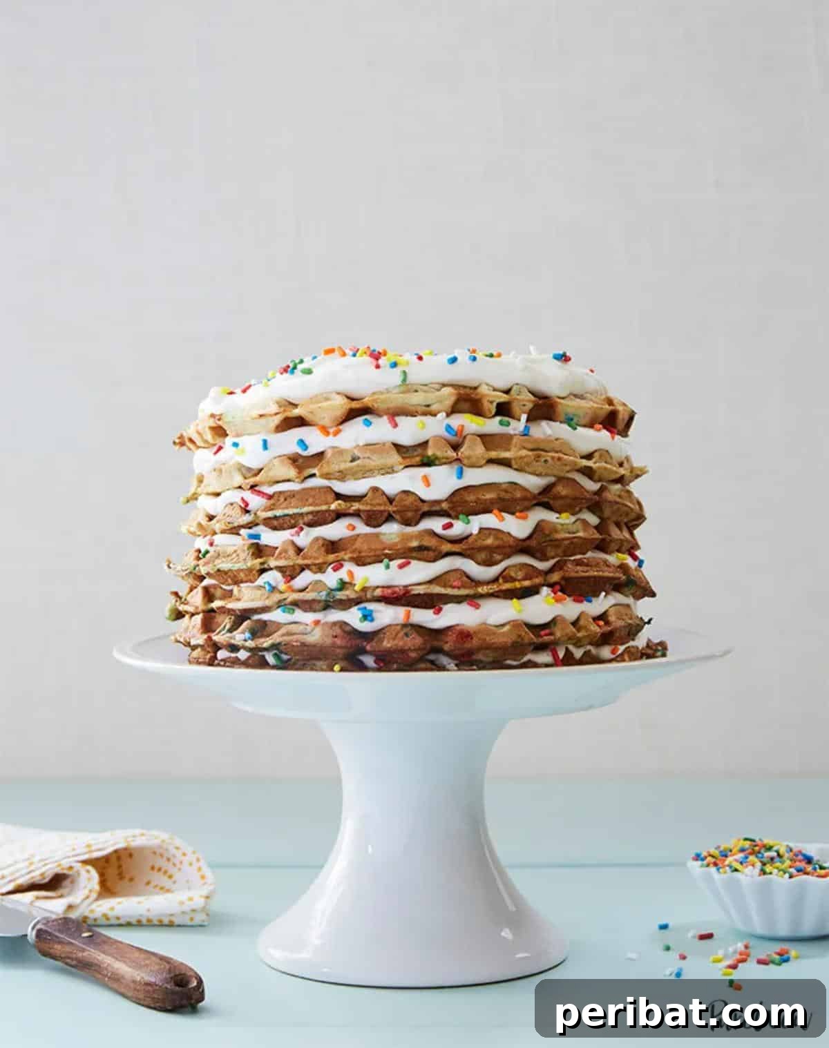 40 Brilliant Rainbow Craft Projects 9 A layered rainbow waffle cake topped with whipped cream and sprinkles