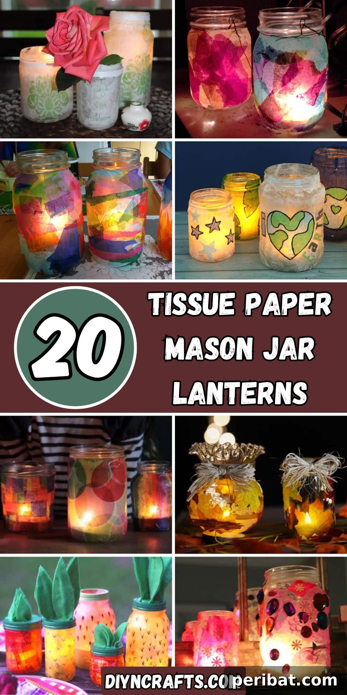 Mason Jar Magic: 20 DIY Tissue Paper Lanterns 2 A collage featuring 20 different tissue paper mason jar lanterns in various styles and colors, showcasing creative ways to decorate jars for different seasons and themes.
