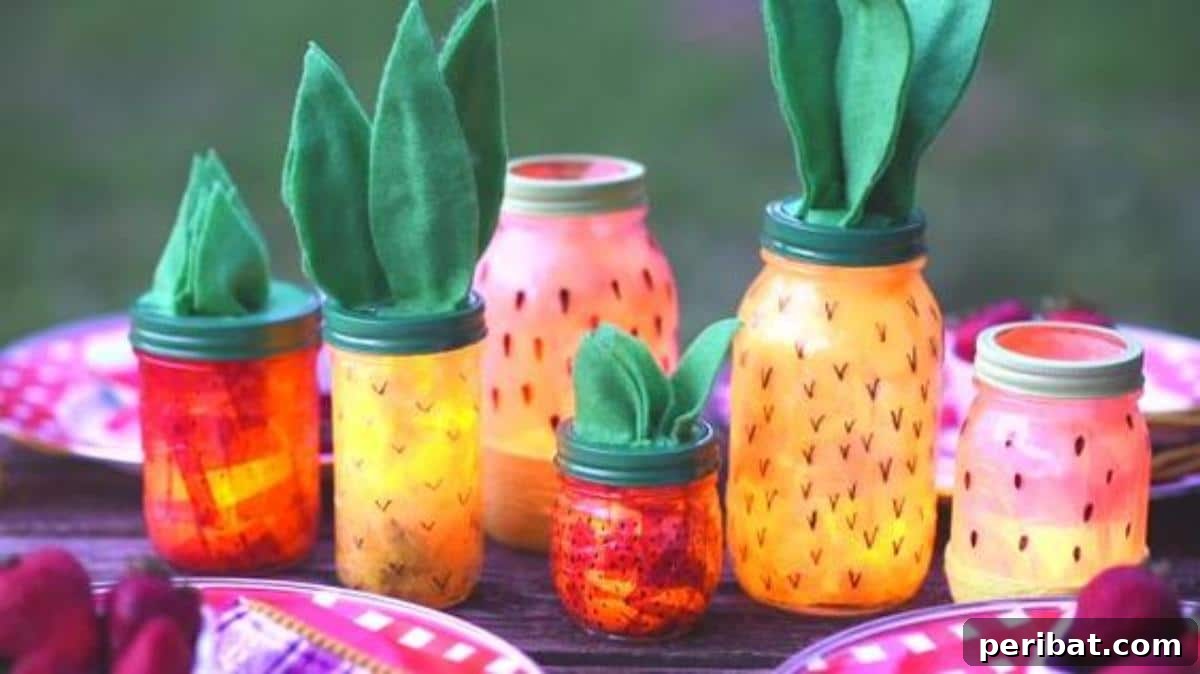 Mason Jar Magic: 20 DIY Tissue Paper Lanterns 14 Playful DIY mason jar fruit lanterns, decorated to resemble various fruits, perfect for summer.