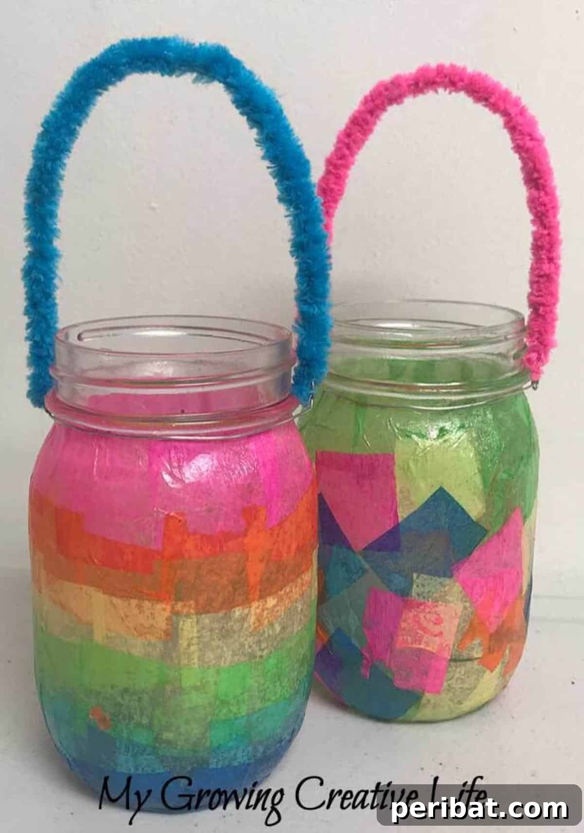 Mason Jar Magic: 20 DIY Tissue Paper Lanterns 4 Colorful tissue paper mason jar lanterns made by children, showcasing bright and abstract designs.