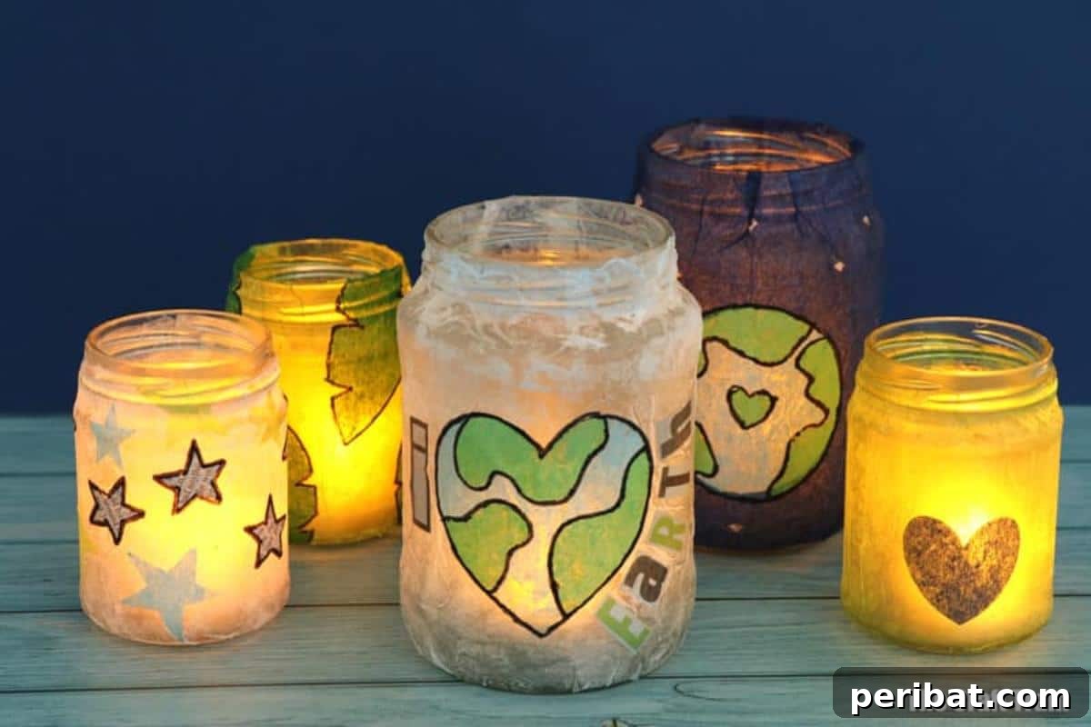 Mason Jar Magic: 20 DIY Tissue Paper Lanterns 8 Eco-friendly mason jar lanterns crafted from recycled materials for Earth Day celebrations.