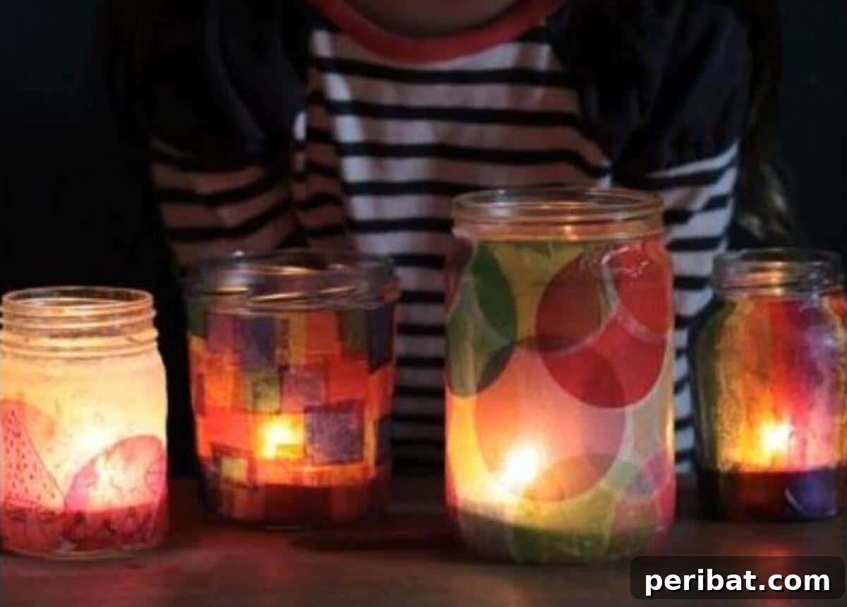 Mason Jar Magic: 20 DIY Tissue Paper Lanterns 10 A close-up of a beautifully crafted tissue paper jar lantern, highlighting intricate patterns and vibrant colors.