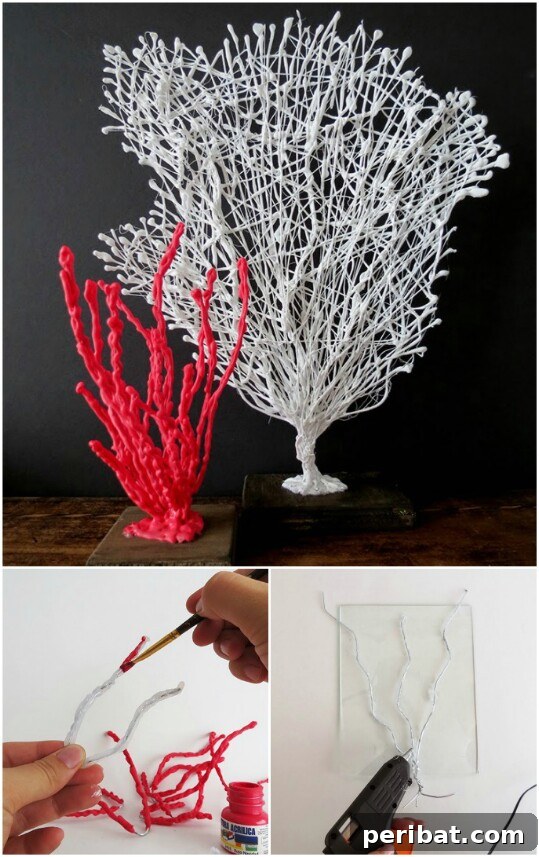 Handmade coral wire sculpture with hot glue texture