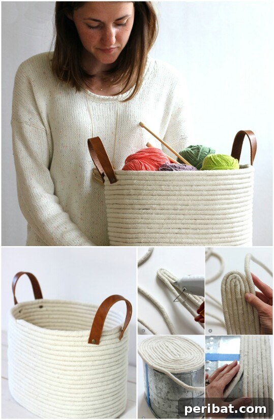 Large no-sew rope coil basket with hot glue