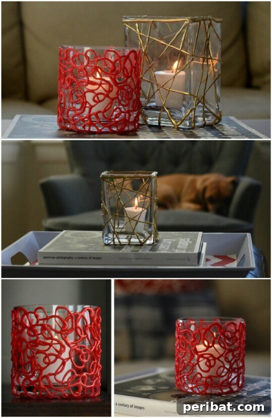 Hot glue votive candleholders with metallic paint