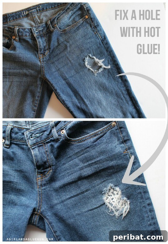 Repair jeans with hot glue and lace
