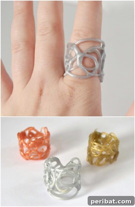 Hot glue rings with glitter and rhinestones