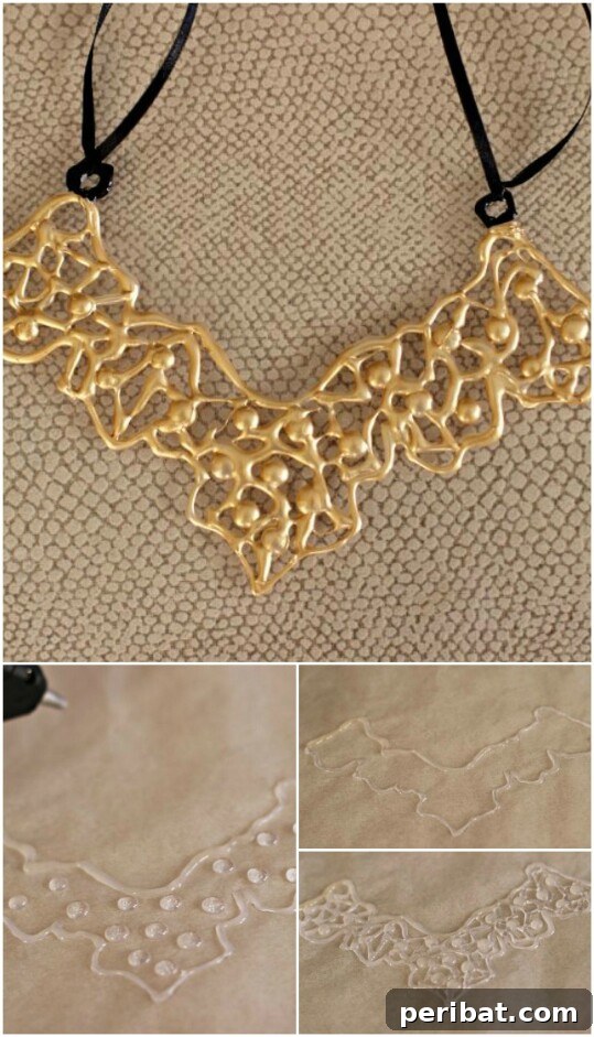 Quirky gold statement necklace made with hot glue