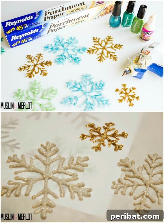 Homemade hot glue snowflakes with nail polish