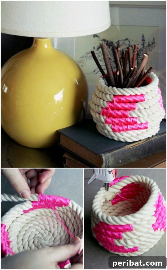 Colorful coiled rope basket made with hot glue