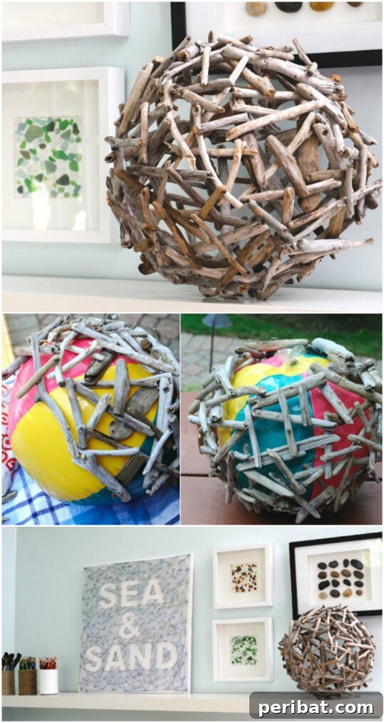 Driftwood orb sculpture created with hot glue