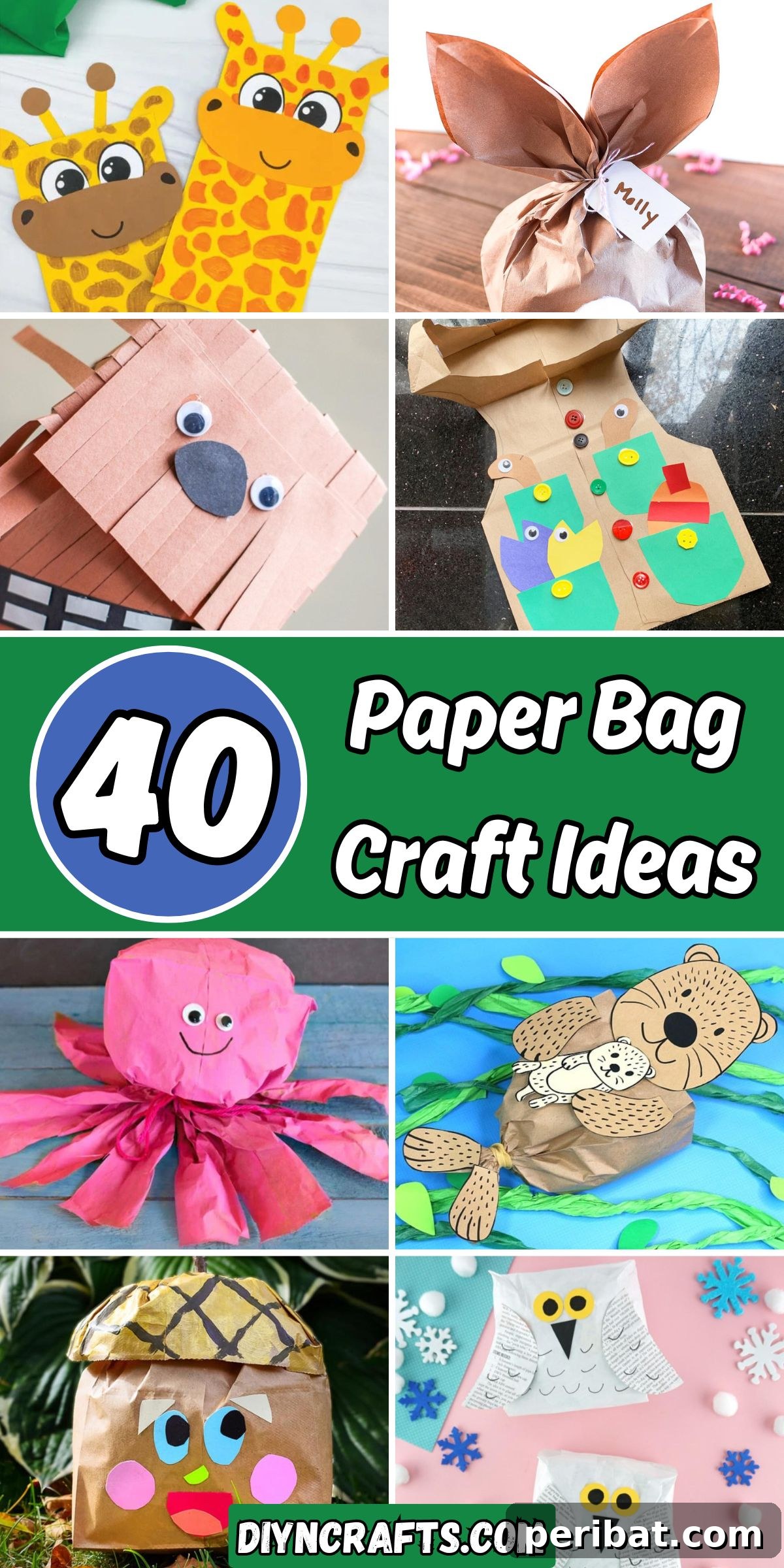 Paper Bag Masterpieces Made Effortless 2 A collage featuring 40 diverse paper bag craft ideas, showcasing a range of creations from festive decorations to playful puppets and charming home decor.