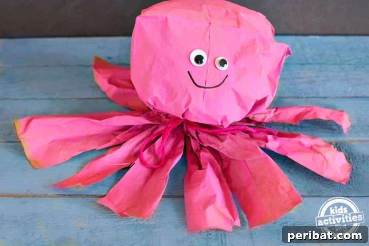 Paper Bag Masterpieces Made Effortless 14 An adorable paper bag octopus craft with long, colorful tentacles, appealing to kids.