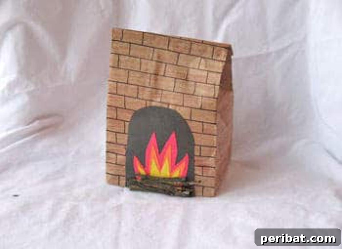 Paper Bag Masterpieces Made Effortless 17 A cozy paper bag fireplace craft, complete with glowing flames and logs, creating a warm ambiance.