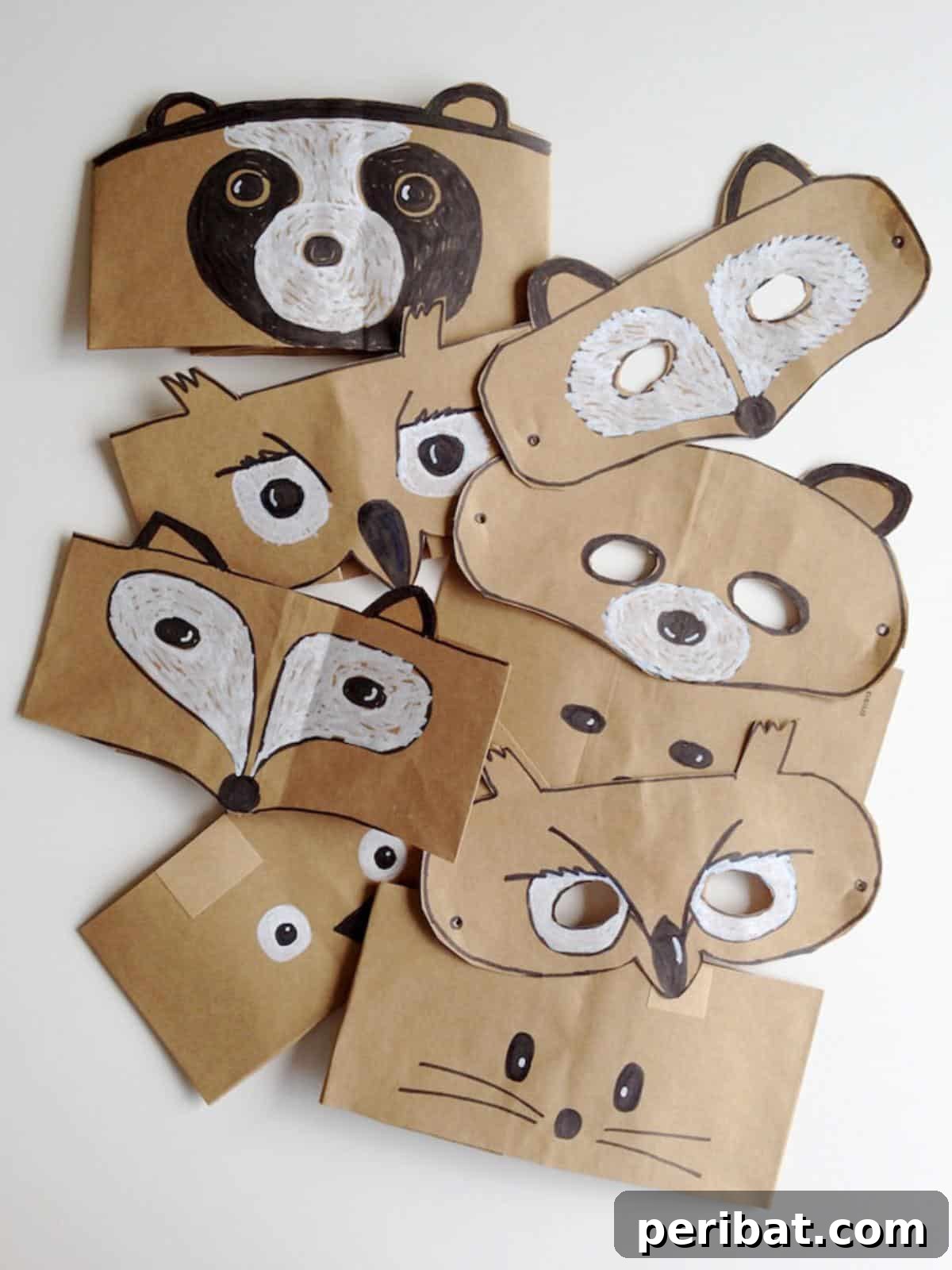 Paper Bag Masterpieces Made Effortless 18 Children wearing creative DIY paper bag animal masks and leaf crowns, showcasing playful expressions.
