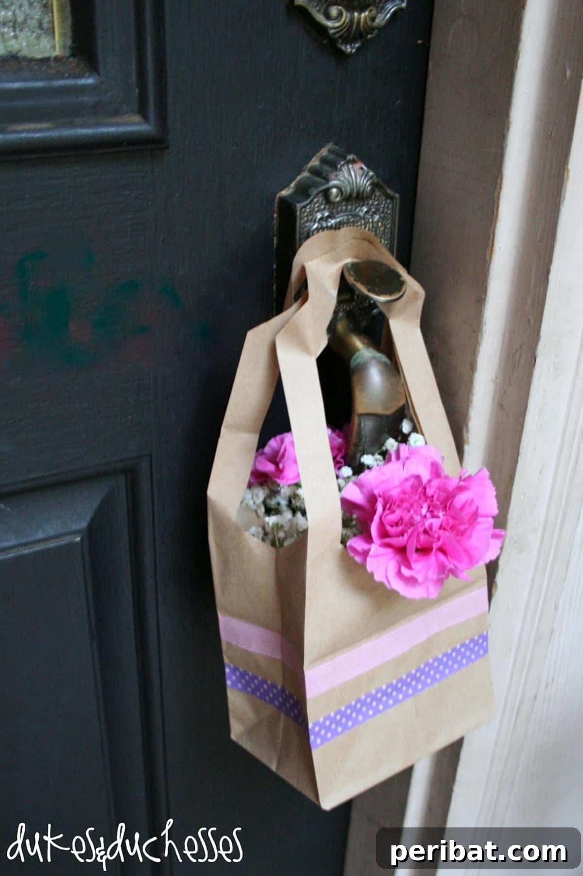 Paper Bag Masterpieces Made Effortless 24 A charming washi tape May Day basket, adorned with colorful patterns and filled with spring flowers.