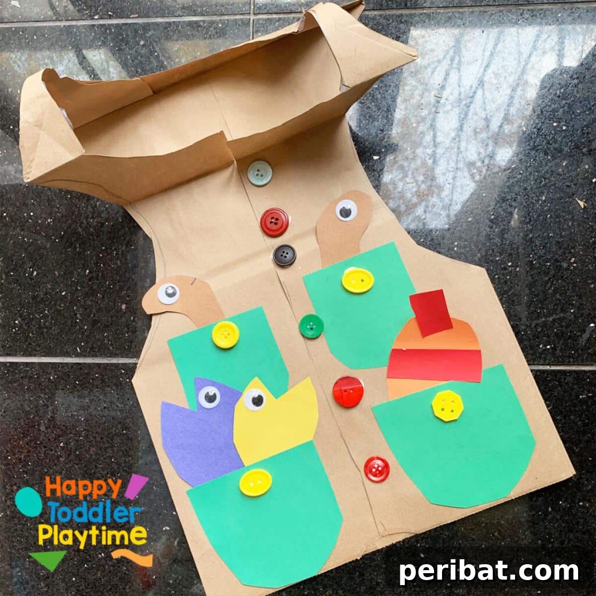 Paper Bag Masterpieces Made Effortless 26 A young child proudly wearing a creative paper bag fishing vest craft, ready for an imaginary fishing adventure.