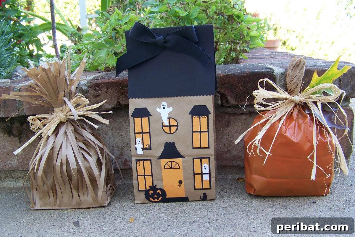 Paper Bag Masterpieces Made Effortless 29 A creative assortment of Halloween paper bags, featuring a haunted house, a pumpkin, and a witch's broomstick design.