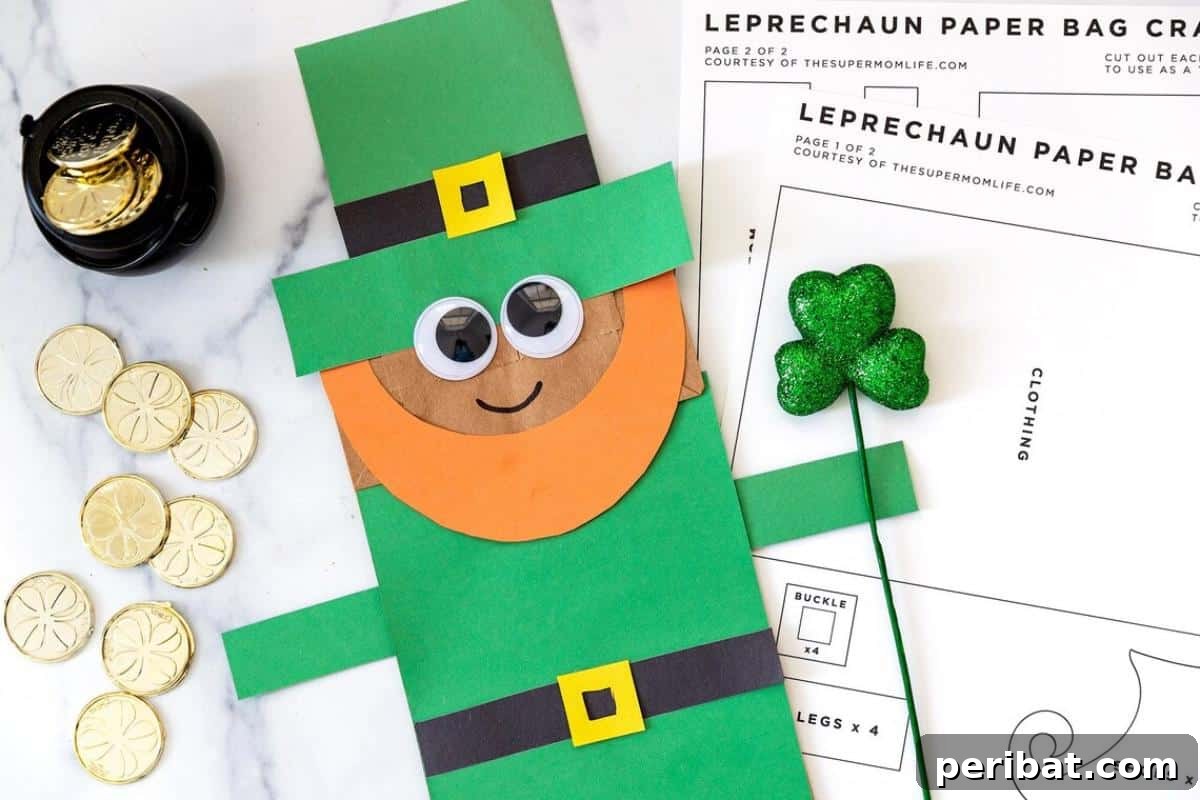 Paper Bag Masterpieces Made Effortless 39 A festive St. Patrick's Day printable leprechaun template, transformed into a charming paper bag puppet.