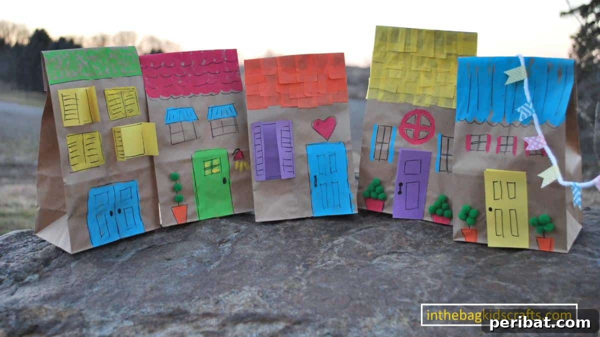 Paper Bag Masterpieces Made Effortless 5 A delightful DIY paper bag village, featuring various houses and buildings crafted by kids.