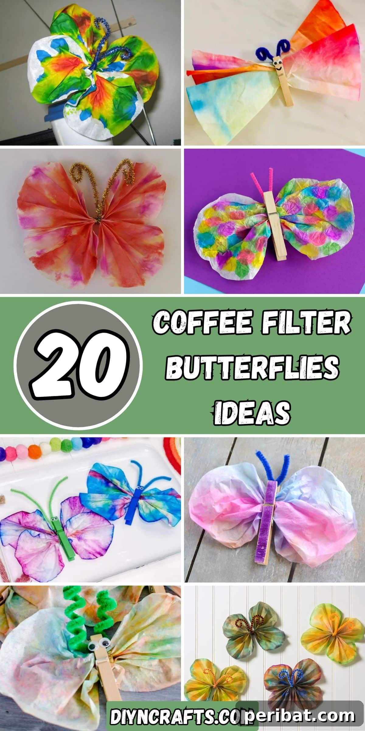 A beautiful collage featuring various coffee filter butterflies in different colors and styles, showcasing creative crafting ideas.