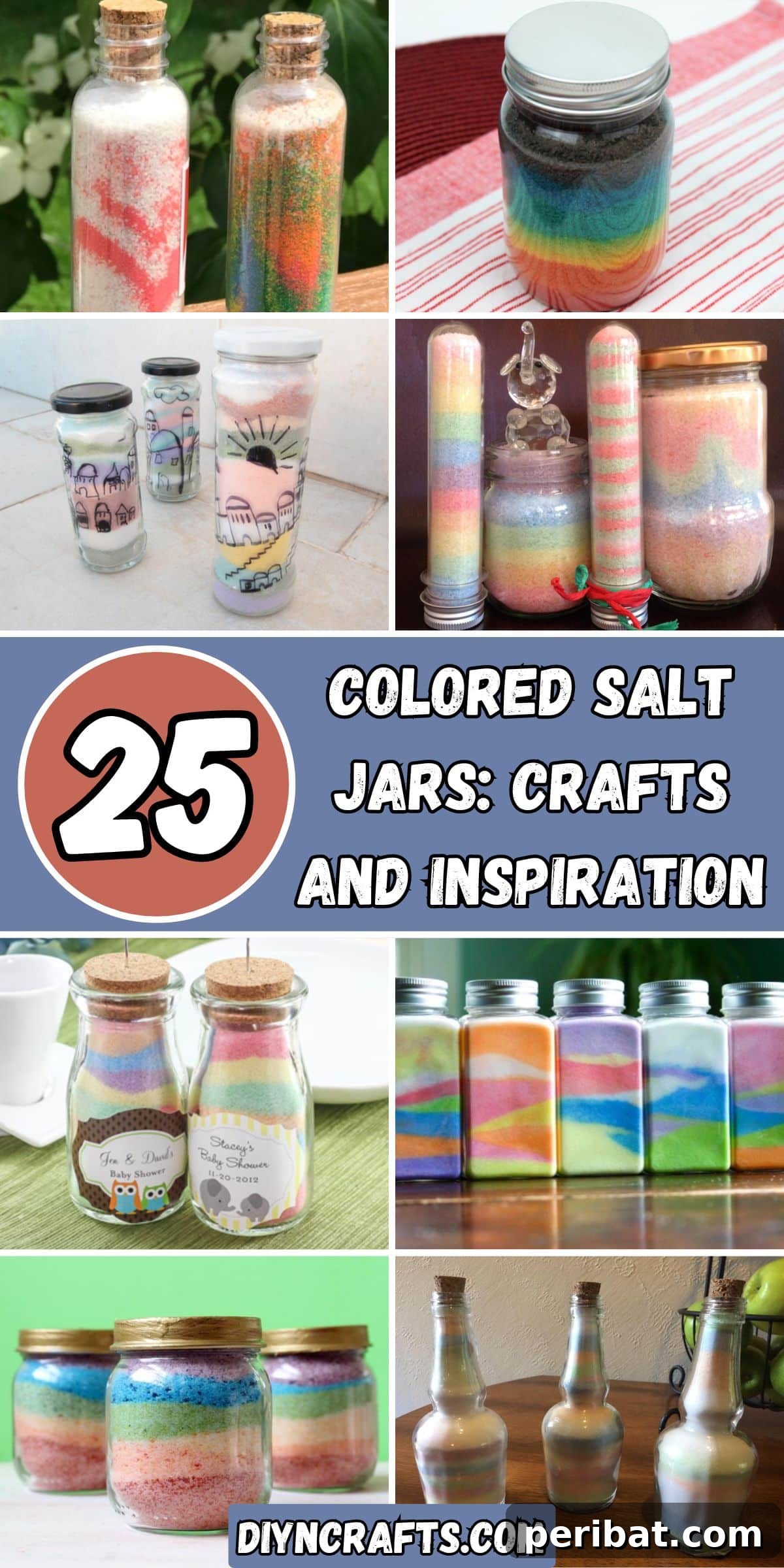 Crafting Colorful Salt Jars 25 Project Ideas 2 A vibrant collage showcasing various colored salt jars, including bottles, clear glass containers, and mason jars, filled with beautiful layered salt art. Perfect for inspiring home decor, gifts, and creative projects.