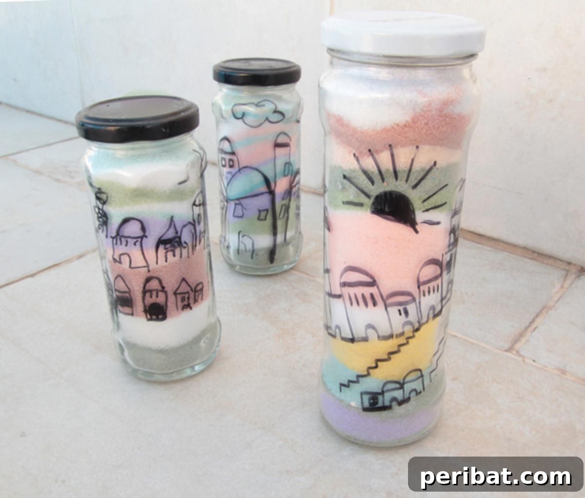 Crafting Colorful Salt Jars 25 Project Ideas 11 Colored salt jars depicting a Jerusalem scene, crafted with chalk, serving as a thoughtful and artistic commemoration for Tisha B’Av. The layers represent the city's unique topography.