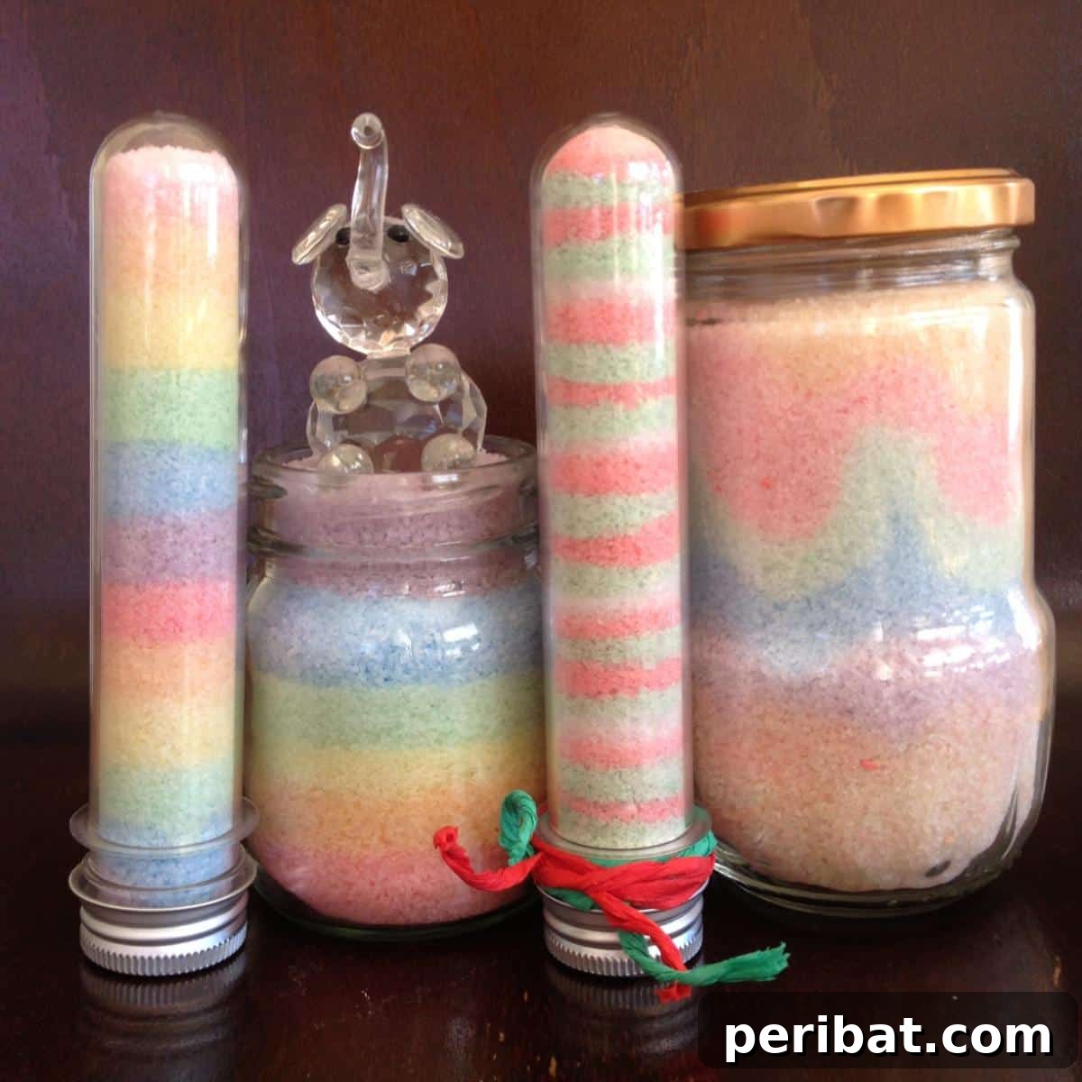 Crafting Colorful Salt Jars 25 Project Ideas 13 Colorful salt jars adorned with elegant ribbons, showcasing vibrant, layered salt art. These beautifully decorated jars catch the light, making them perfect for brightening up any living space.