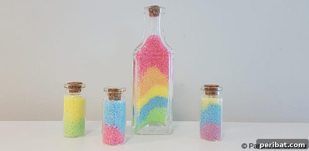 Crafting Colorful Salt Jars 25 Project Ideas 17 Whimsical colored salt (fairy dust) jars, shimmering with vibrant hues, perfect for inspiring imaginative play and teaching color mixing to children.