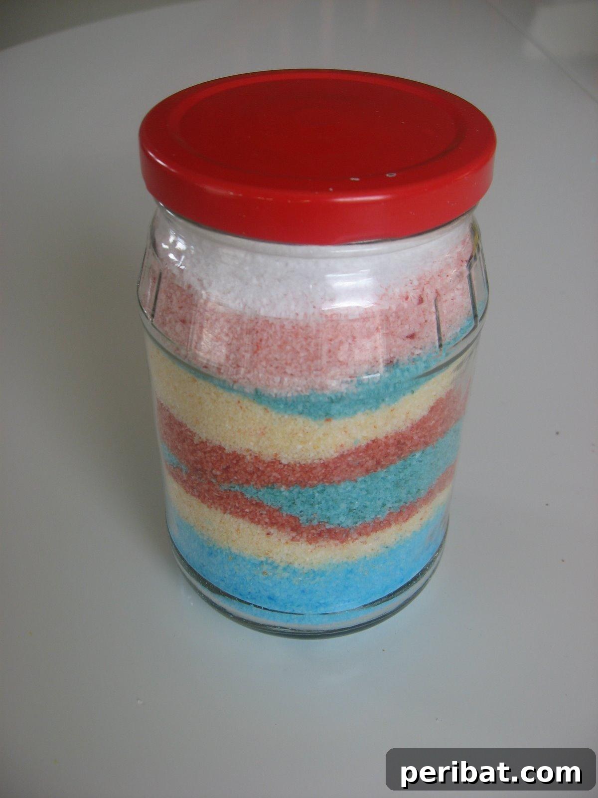 Crafting Colorful Salt Jars 25 Project Ideas 21 A captivating salt art project for kids, showcasing vibrant, multicolored salt layers in a clear jar, ideal for playful room decorations or unique party favors.