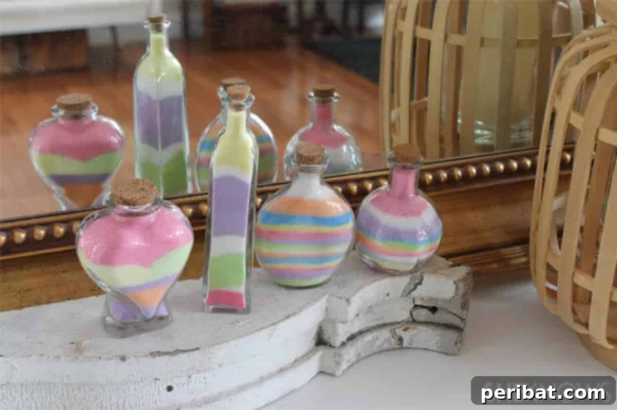 Crafting Colorful Salt Jars 25 Project Ideas 5 Simple colored salt jars created with three easy steps, showcasing vibrant, distinct layers of salt art. These charming jars are versatile for seasonal decor or as delightful handmade gifts.